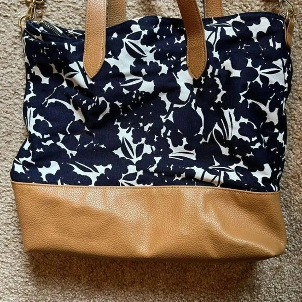 Navy Floral Canvas Tote Bag with Tan Leather Trim and Convertible Shoulder Strap